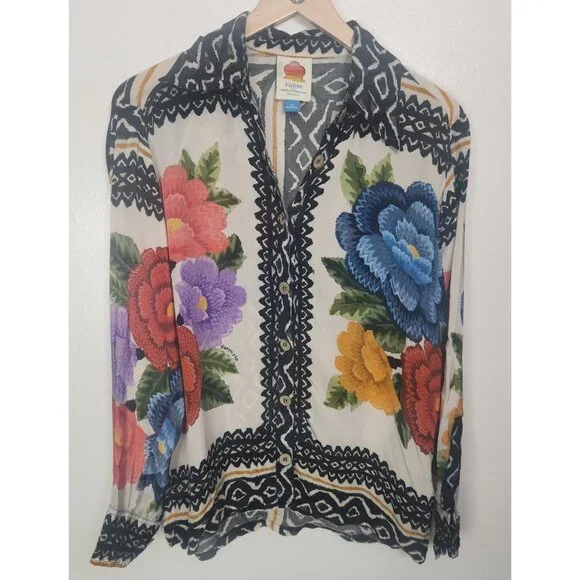 Farm Rio Women's Sz. XS Ivory Black Floral Blouse Classic Button up - Picture 1 of 8